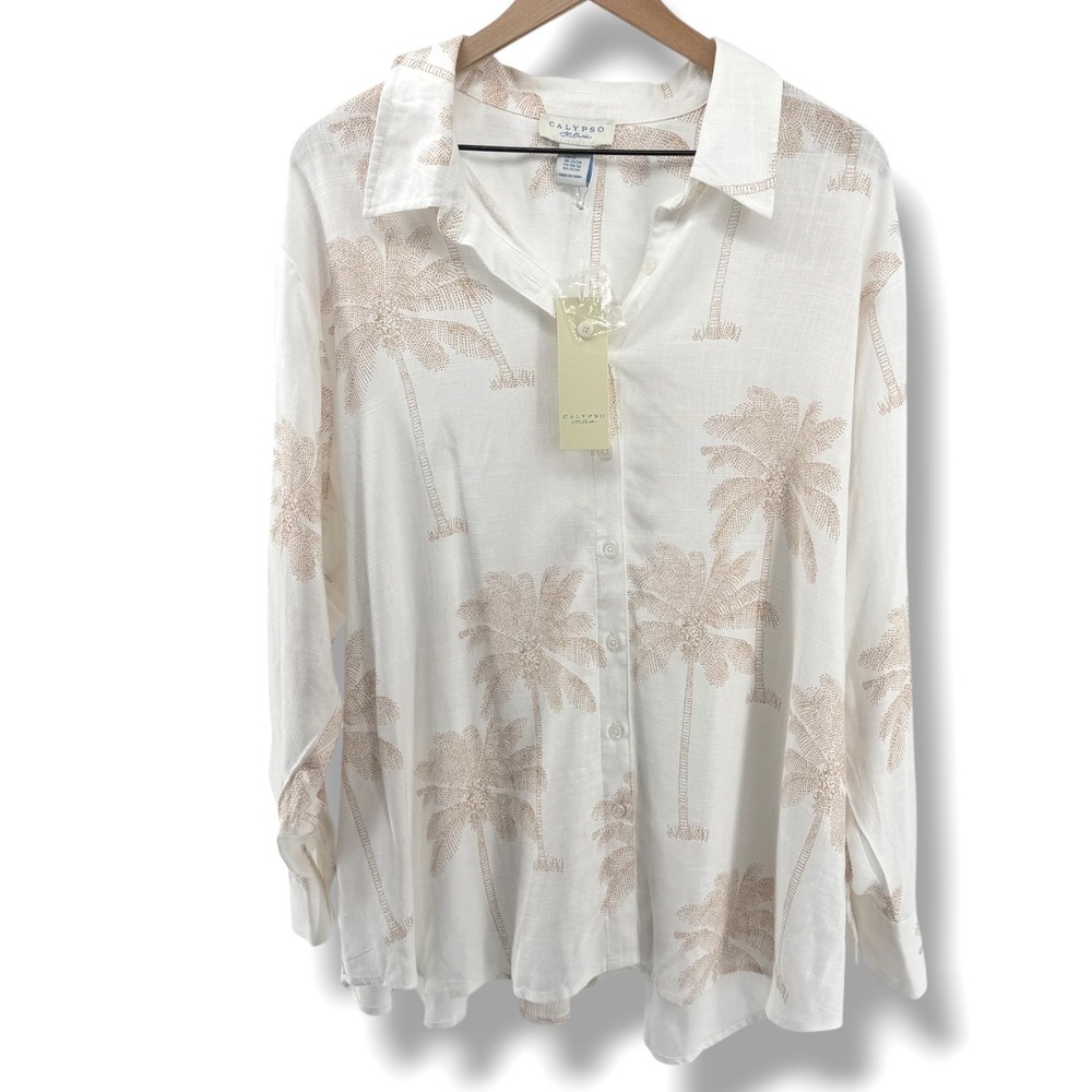 Calypso St. Barth NEW Button Down Women 2X White Palm Tree Linen Coastal Top